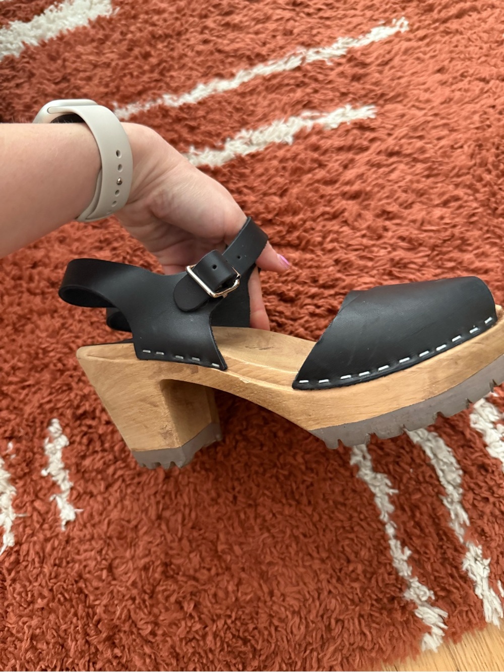 MIA Black Leather Platform Clog Sandals with Wooden Heel